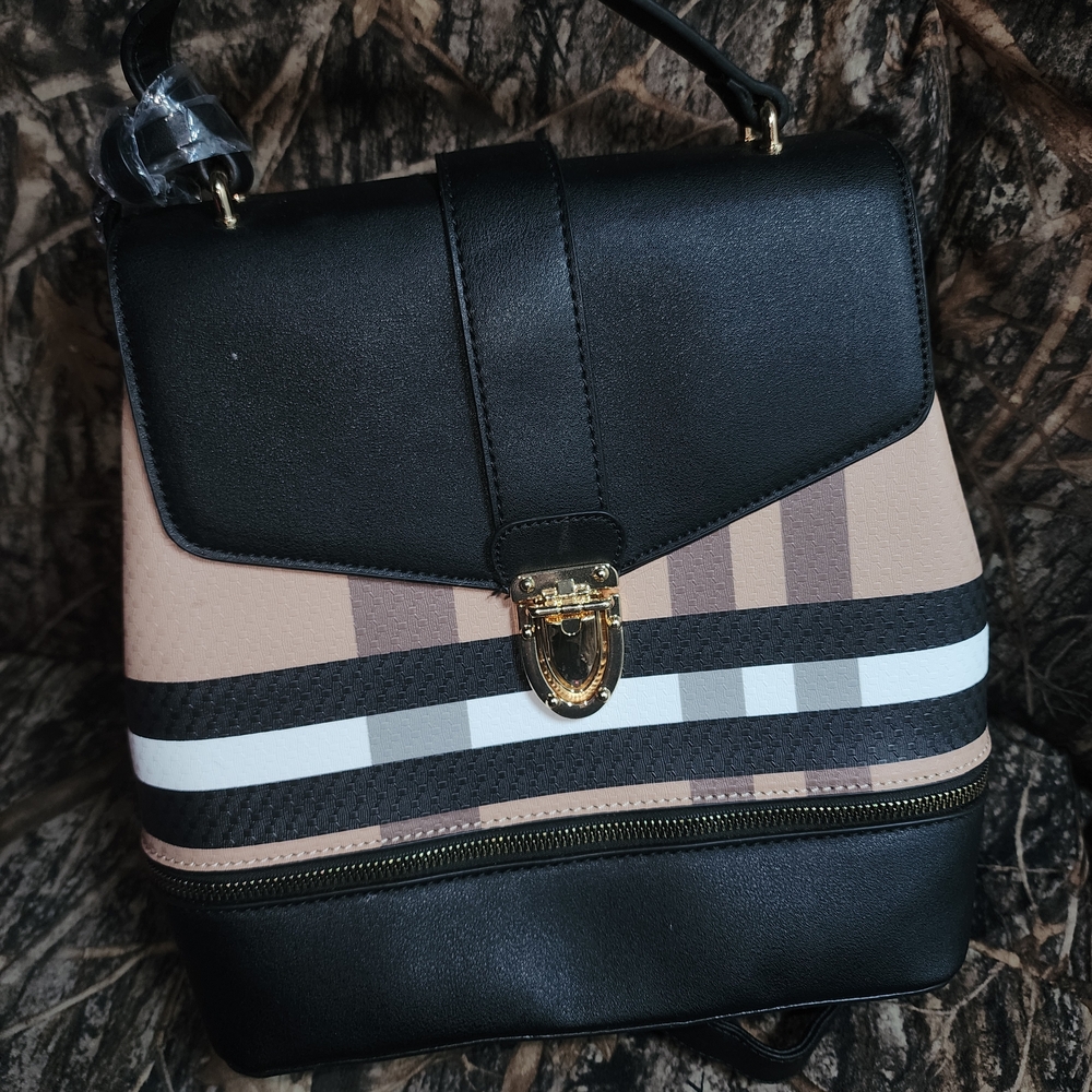 Structured Black and Beige Women's Top-Handle Backpack